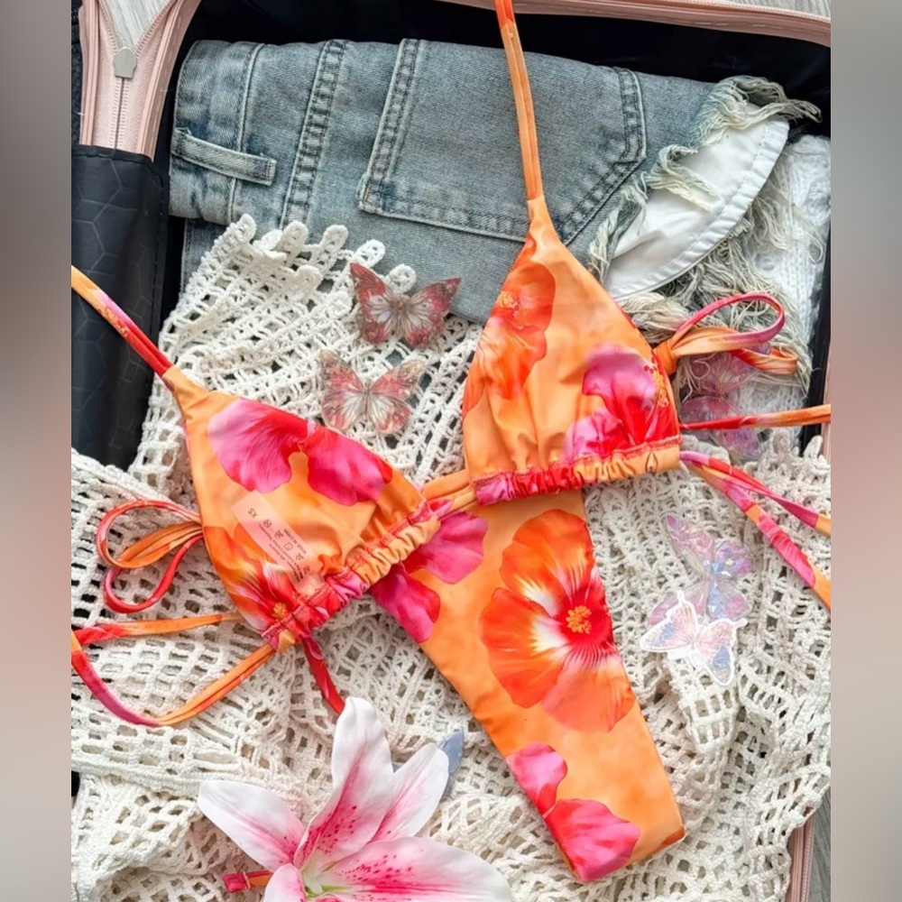 Orange Pink Floral Halter Side Tie Bikini Set - Picture 2 of 7